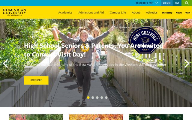 Dominican University of California homepage on desktop: university website with a yellow header, main navigation and a campus visit day hero