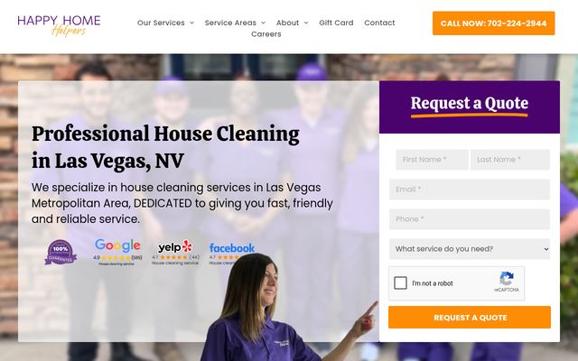 Happy Home Helpers homepage on desktop: house cleaning website hero reading Professional House Cleaning in Las Vegas, NV, with a Request a Quote form