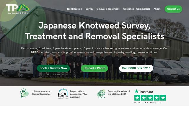TP Knotweed Solutions homepage on desktop: hero reading Japanese Knotweed Survey, Treatment and Removal Specialists with survey, photo upload and call buttons