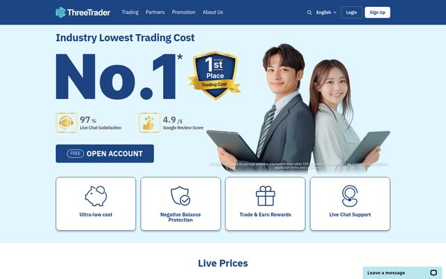 ThreeTrader homepage on desktop: forex broker website hero with account opening button and feature tiles